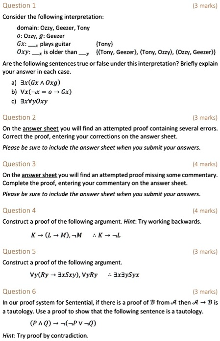 Solved Question Consider The Following Interpretation 3 Marks Domain Ozzy Geezer Tony Oz1y G Geezer Gx Plays Guitar Tony Oxy Older Than Tony Geezer Tony Ozzv Ozzy Geezer Are The Following Sentences