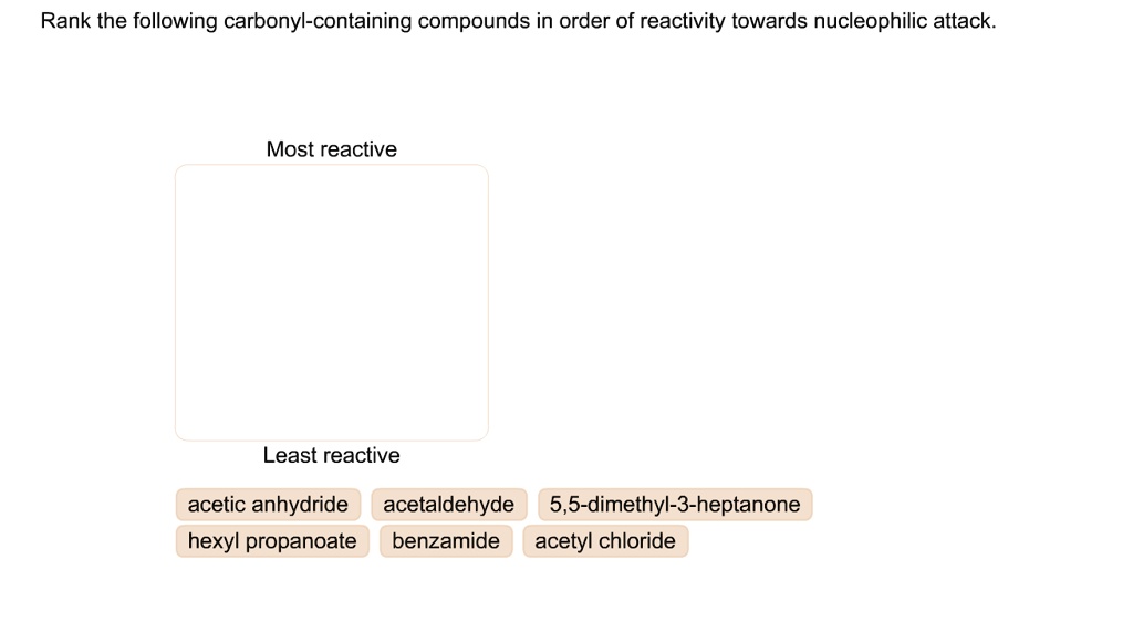 rank the following carbonyl containing compounds in order of reactivity towards nucleophilic attack most reactive least reactive acetic anhydride acetaldehyde 55 dimethyl 3 heptanone hexyl p 84953