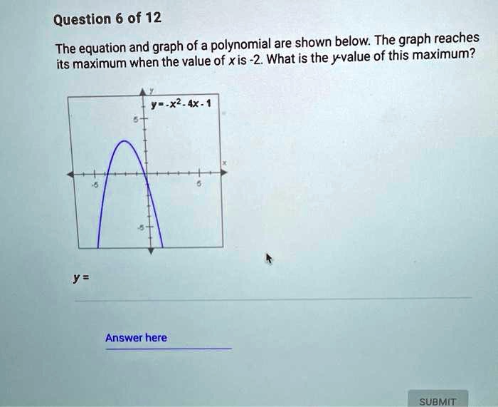 Solved Question 6 Of 12 The Equation And Graph Of A Polynomial Are Shown Below The Graph Reaches Its Maximum When The Value Of Xis 2 What Is The Y Value Of This