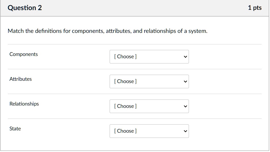 Question 2
Match the definitions for components, attributes, and relationships of a system.
Components
Attributes
Relationships
State
1 pts