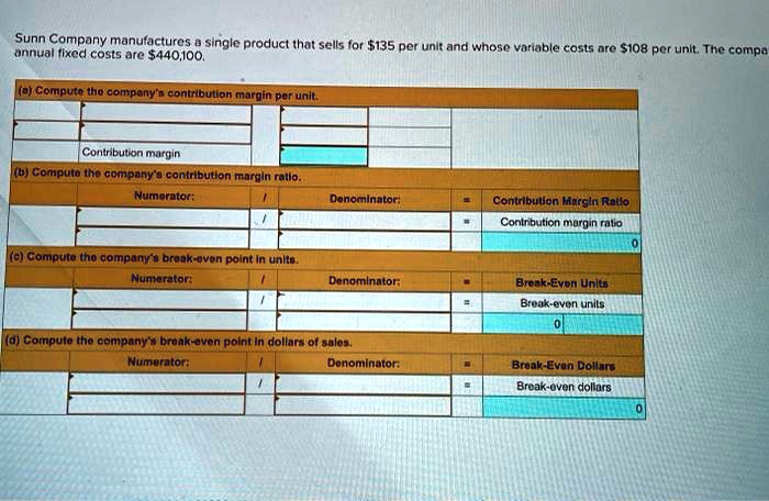 Sunn Company manufactures a single product that sells for 135 per unit and whose variable costs are108 per unit. The company's annual fixed costs are 440,100.
(a) Compute the company's contribution margin per unit.
Contribution margin
(b) Compute the company's contribution margin ratio.
Numerator: / Denominator: = Contribution Margin Ratio
Contribution margin ratio 0
(c) Compute the company's break-even point in units.
Numerator: / Denominator: = Break-Even Units
Break-even units 0
(d) Compute the company's break-even point in dollars of sales.
Numerator: / Denominator: = Break-Even Dollars
Break-even dollars 0