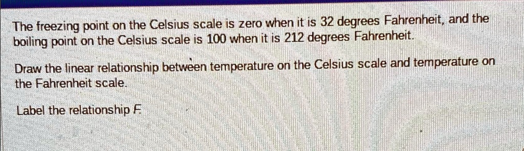 The freezing point on the Celsius scale is zero when it is 32 degrees Fahrenheit, and the boiling point on the Celsius scale is 100 when it is 212 degrees Fahrenheit.

Draw the linear relationship between temperature on the Celsius scale and temperature on the Fahrenheit scale.

Label the relationship F