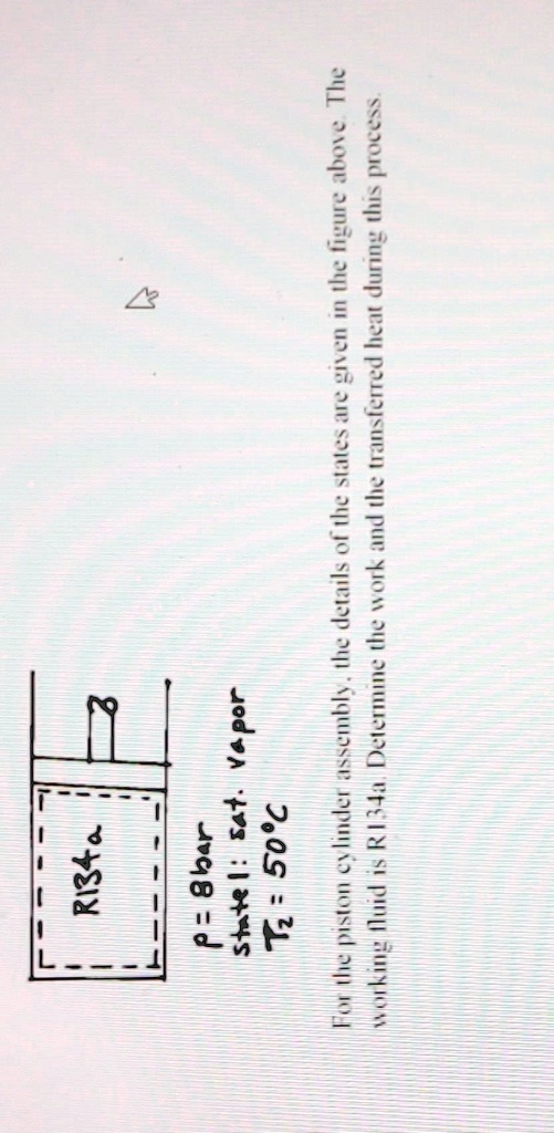 R134a
P = 8 bar
State 1: sat. vapor
T? = 50°C
For the piston cylinder assembly, the details of the states are given in the figure above. The
working fluid is R134a. Determine the work and the transferred heat during this process.