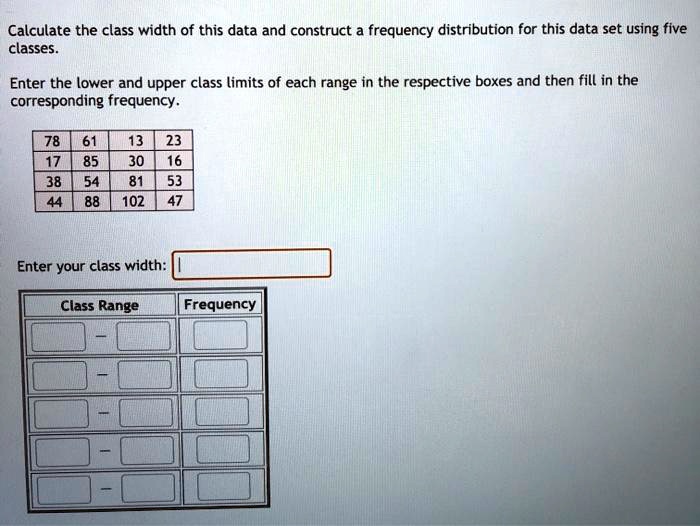 SOLVED: Calculate the class width of this data and construct frequency ...