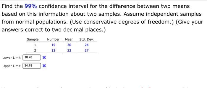 SOLVED:Find the 99% confidence interval for the difference between two ...