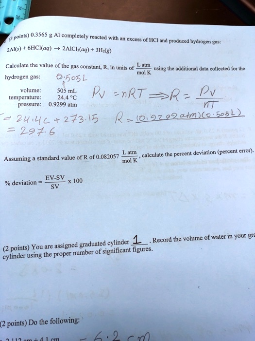 SOLVED points) 0.3565 g Al completely reacted with excess of HCI and