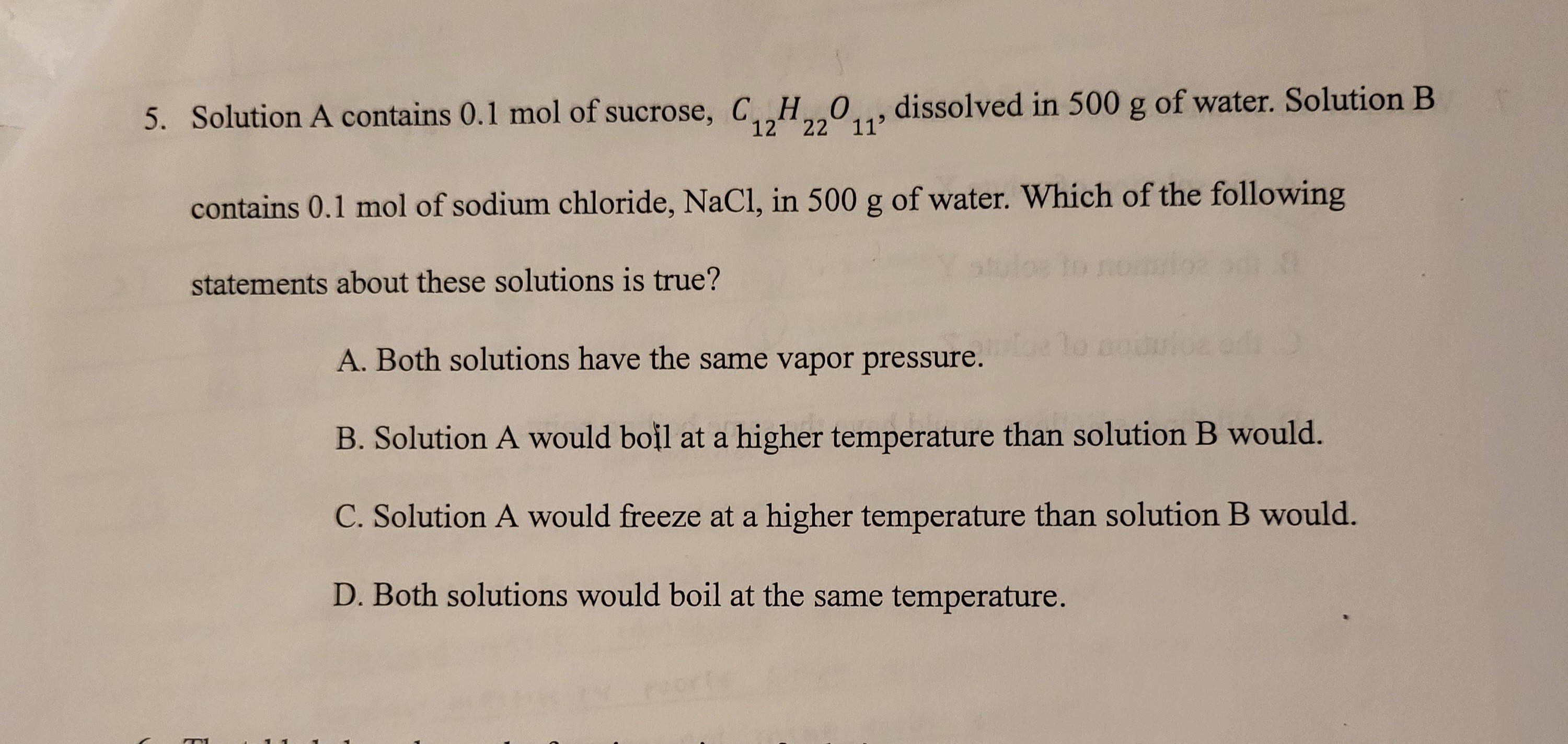 Which Statement About Sodium Chloride Is Correct 5. Solution A contains 0.1 mol of sucrose, C12H22O11, dissolved in 500