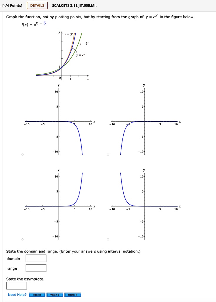 Solved 4 Points Details Scalcet8 3 11 Jit 005 Mi Graph The Function Not By Plotting Points But By Starting From The Graph Of Y Ex In The Figure Below Ix E State The Domain