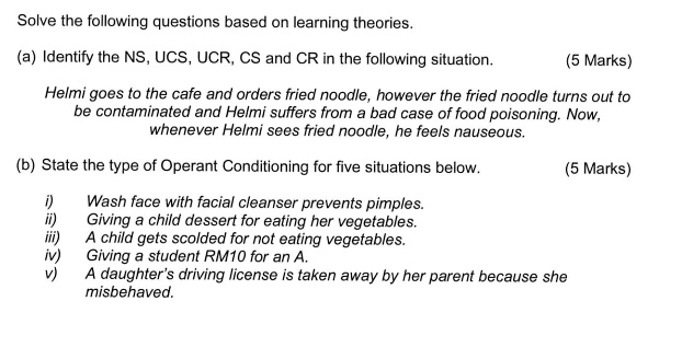 SOLVED: Solve the following questions based on learning theories a)  Identify the NS,UCS,UCR,CS and CR in the following situation. (5 Marks)  Helmi goes to the cafe and orders fried noodle, however the