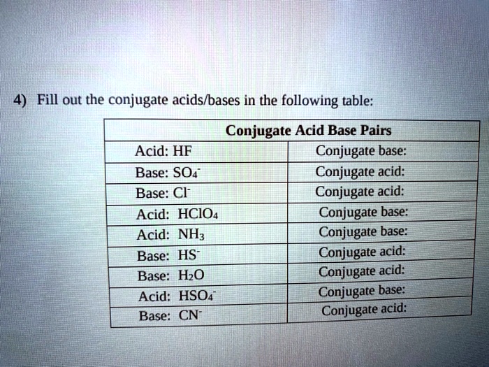 SOLVED 4 Fill Out The Conjugate Acids bases In The Following Table