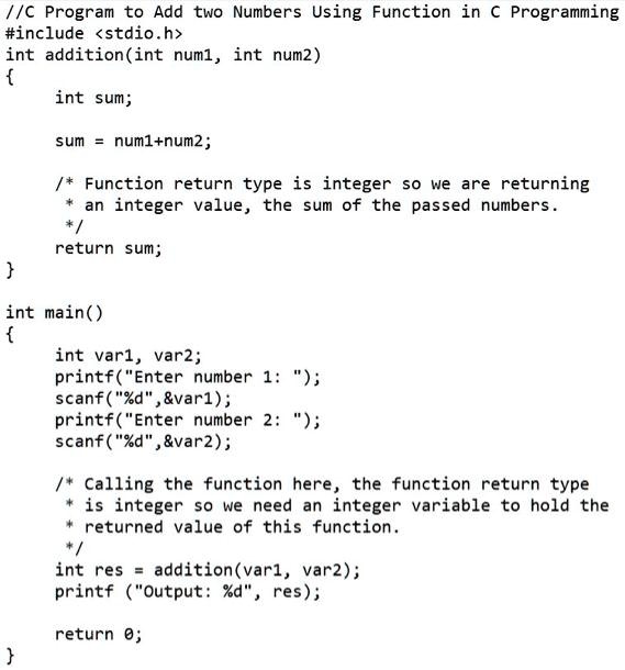 add two numbers using function in c