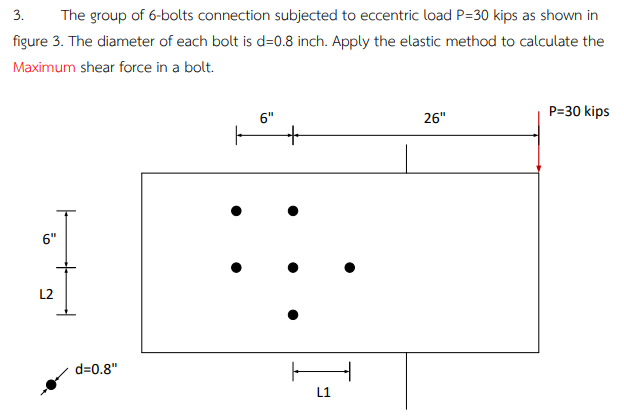 3. The group of 6-bolts connection subjected to eccentric load ( P=30 ) kips as shown in figure 3. The diameter of each bolt is ( d=0.8 ) inch. Apply the elastic method to calculate the Maximum shear force in a bolt.