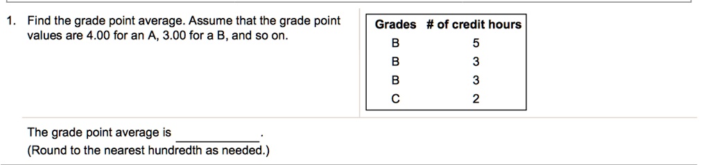 1. Find the grade point average. Assume that the grade point values are 4.00 for an A, 3.00 for a B, and so on.

Grades # of credit hours
B 5
B 3
B 3
C 2

The grade point average is .
(Round to the nearest hundredth as needed.)