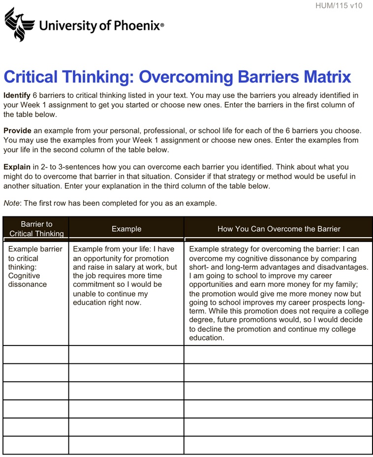 barriers to critical thinking hum 115 week 2