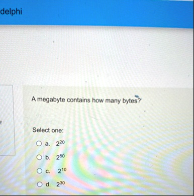 delphi a megabyte contains how many bytes select one a 220 b 250 c 210 d 230 59119
