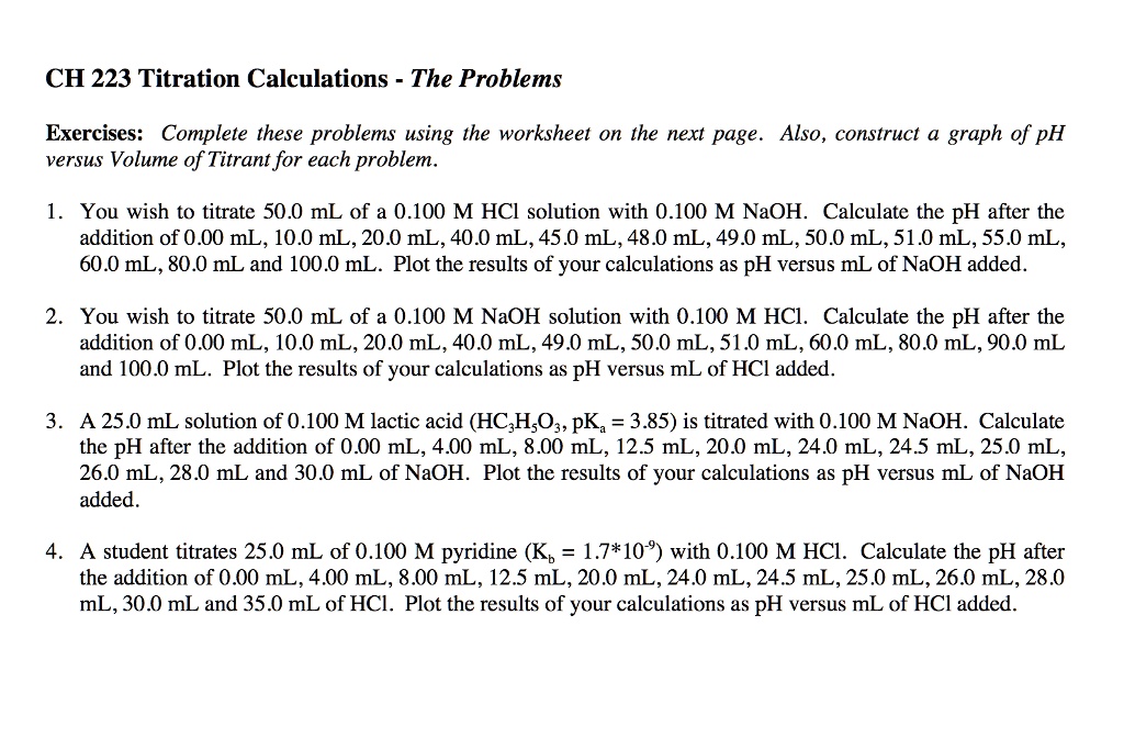 SOLVED CH 223 Titration Calculations The Problems Exercises Complete
