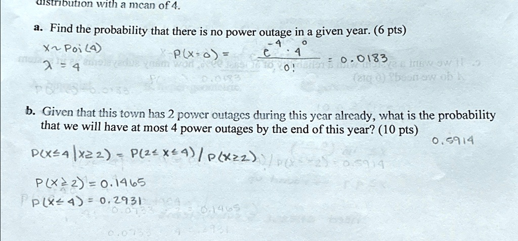 distribution with a mean of 4 a find the probability that there is no power outage in a given year 6 pts x poi4 4 px0 e 4400 00183 px 0 e 4400 00183 b given that this town has 2 power outage 78432