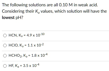 The following solutions are all 0.10 M in weak acid. Considering their Ka values, which solution will have the lowest pH?

HCN, Ka = 4.9 x 10^-10
HClO, Ka = 1.1 x 10^-2
HCHO2, Ka = 1.8 x 10^-4
HF, Ka = 3.5 x 10^-4