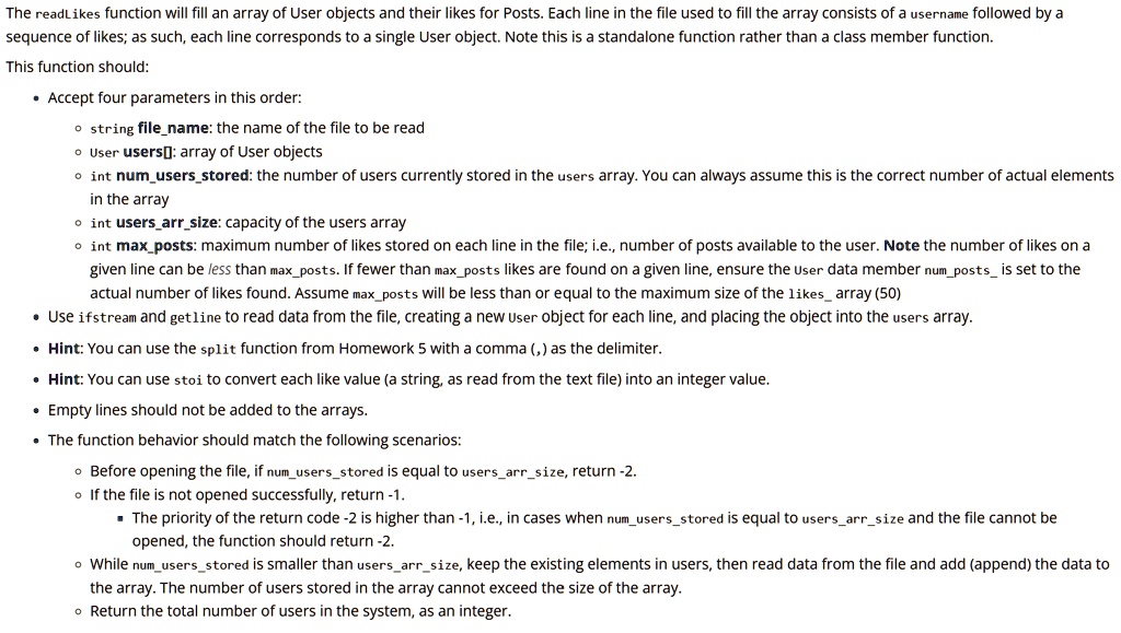 SOLVED: The readLikes function will fill an array of User objects and ... image.