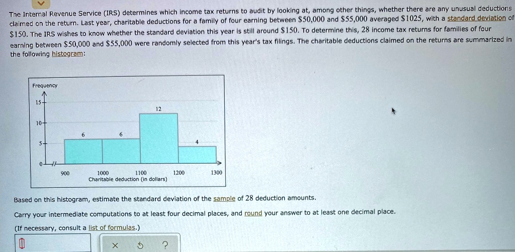 The Internal Revenue Service (IRS) determines which income tax returns to audit by looking at, among other things, whether there are any unusual deductions claimed on the return. Last year, charitable deductions for a family of four earning between 50,000 and55,000 averaged 1025, with a standard deviation of150. The IRS wishes to know whether the standard deviation this year is still around 150. To determine this, 28 income tax returns for families of four earning between50,000 and 55,000 were randomly selected from this year's tax filings. The charitable deductions claimed on the returns are summarized in the following histogram:

Frequency
15-
10-
12
5-
6
6
4
0
900
1000
1100
1200
1300
Charitable deduction (in dollars)

Based on this histogram, estimate the standard deviation of the sample of 28 deduction amounts.
Carry your intermediate computations to at least four decimal places, and round your answer to at least one decimal place.
(If necessary, consult a list of formulas.)