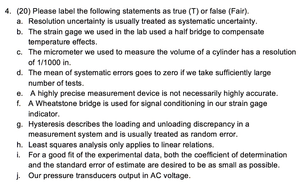 SOLVED 4. (20) Please label the following statements as true (T) or