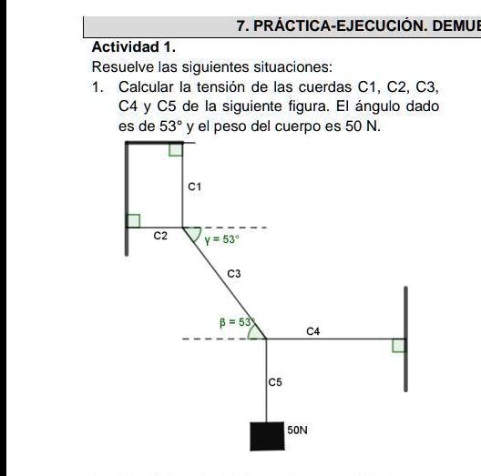 calcular la tension de las cuerdas c1 c2 c3 c4 y c5 de la siguiente figura el angulo dado es de 53 y el peso del cuerpo es 50 n 7 practica ejecucion demul actividad 1 resuelve las siguiente 63553