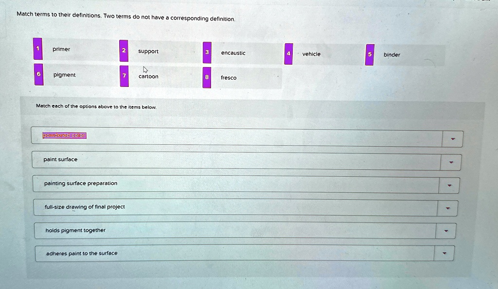 Match terms to their definitions. Two terms do not have a corresponding