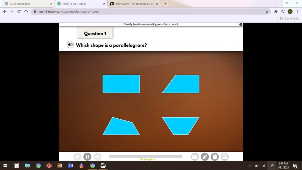 SOLVED 'which shape is a parallelogram OCPS Cashboard Math To Do; i