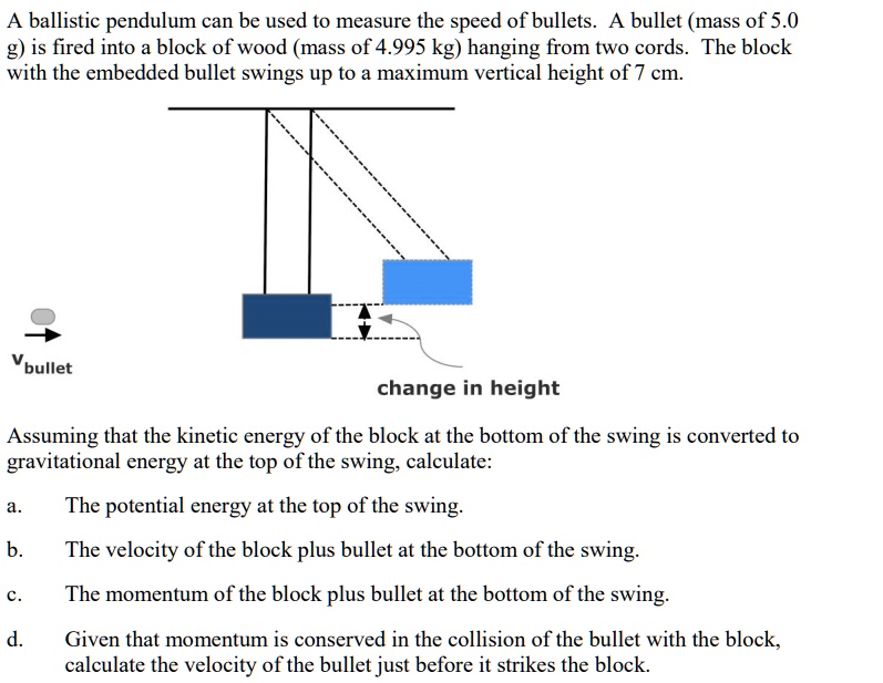 A ballistic pendulum can be used to measure the speed of bullets. A bullet (mass of 5.0 g) is fired into a block of wood (mass of 4.995 kg) hanging from two cords. The block with the embedded bullet swings up to a maximum vertical height of 7 cm.
vbullet
change in height
Assuming that the kinetic energy of the block at the bottom of the swing is converted to gravitational energy at the top of the swing, calculate:
a. The potential energy at the top of the swing.
b. The velocity of the block plus bullet at the bottom of the swing.
c. The momentum of the block plus bullet at the bottom of the swing.
d. Given that momentum is conserved in the collision of the bullet with the block, calculate the velocity of the bullet just before it strikes the block.