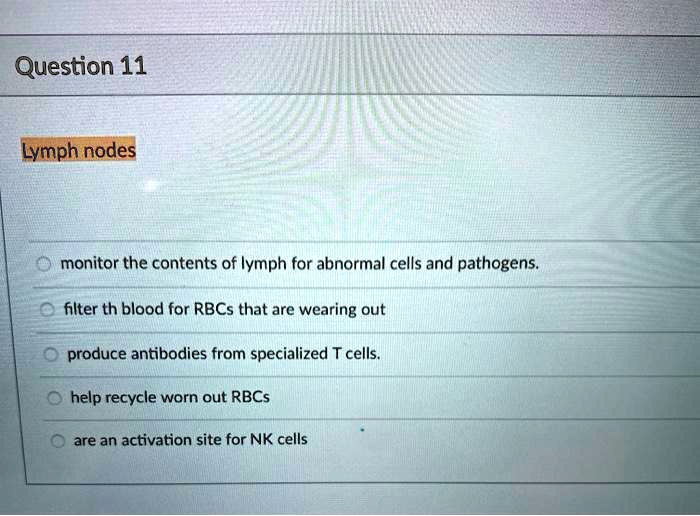 SOLVED Question 11 Lymph nodes monitor the contents of Iymph for