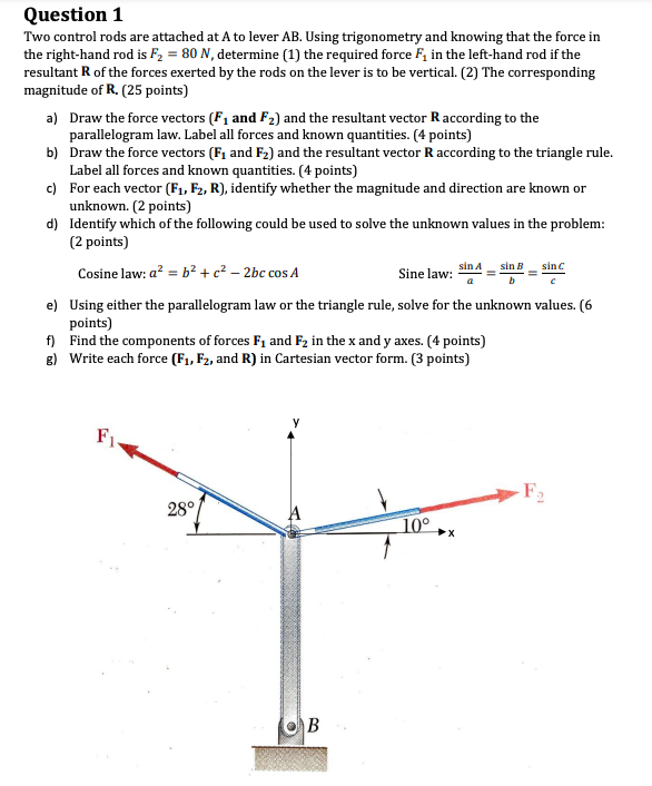 Question 1
Two control rods are attached at A to lever AB. Using trigonometry and knowing that the force in the right-hand rod is F2 = 80 N, determine (1) the required force F1 in the left-hand rod if the resultant R of the forces exerted by the rods on the lever is to be vertical. (2) The corresponding magnitude of R. (25 points)
a) Draw the force vectors (F1 and F2) and the resultant vector R according to the parallelogram law. Label all forces and known quantities. (4 points)
b) Draw the force vectors (F1 and F2) and the resultant vector R according to the triangle rule. Label all forces and known quantities. (4 points)
c) For each vector (F1, F2, R), identify whether the magnitude and direction are known or unknown. (2 points)
d) Identify which of the following could be used to solve the unknown values in the problem: (2 points)

Cosine law: a^2 = b^2 + c^2 - 2bc cos A
Sine law: sin A / a = sin B / b = sin C / c

e) Using either the parallelogram law or the triangle rule, solve for the unknown values. (6 points)
f) Find the components of forces F1 and F2 in the x and y axes. (4 points)
g) Write each force (F1, F2, and R) in Cartesian vector form. (3 points)