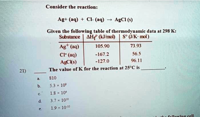 SOLVED: Consider the reaction: Ag+(aq) + Cl-(aq) → AgCl(s) Given the ...