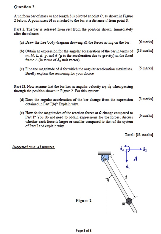 Question 2. A uniform bar of mass m and length L is pivoted at point O ...