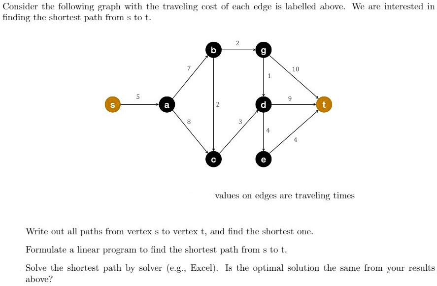 Consider the following graph with the traveling cost of each edge is labelled above. We are interested in finding the shortest path from s to t.
s
a
b
g
c
d
e
t
5
7
2
8
2
1
3
4
10
9
4
values on edges are traveling times
Write out all paths from vertex s to vertex t, and find the shortest one.
Formulate a linear program to find the shortest path from s to t.
Solve the shortest path by solver (e.g., Excel). Is the optimal solution the same from your results above?