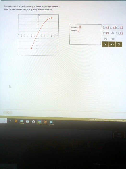 The entire graph of the function g is shown in the figure below.
Write the domain and range of g using interval notation.
domain=
range=