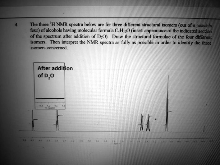4. The three 'H NMR spectra below are for three different structural isomers (out of a possible four) of alcohols having molecular formula C4H10O (inset: appearance of the indicated section of the spectrum after addition of D2O). Draw the structural formulae of the four different isomers. Then interpret the NMR spectra as fully as possible in order to identify the three isomers concerned. After addition of D2O