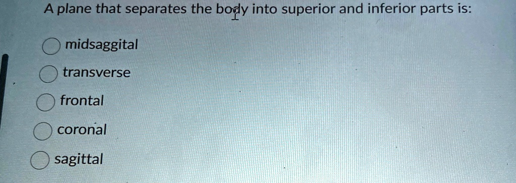 A plane that separates the body into superior and inferior parts is ...