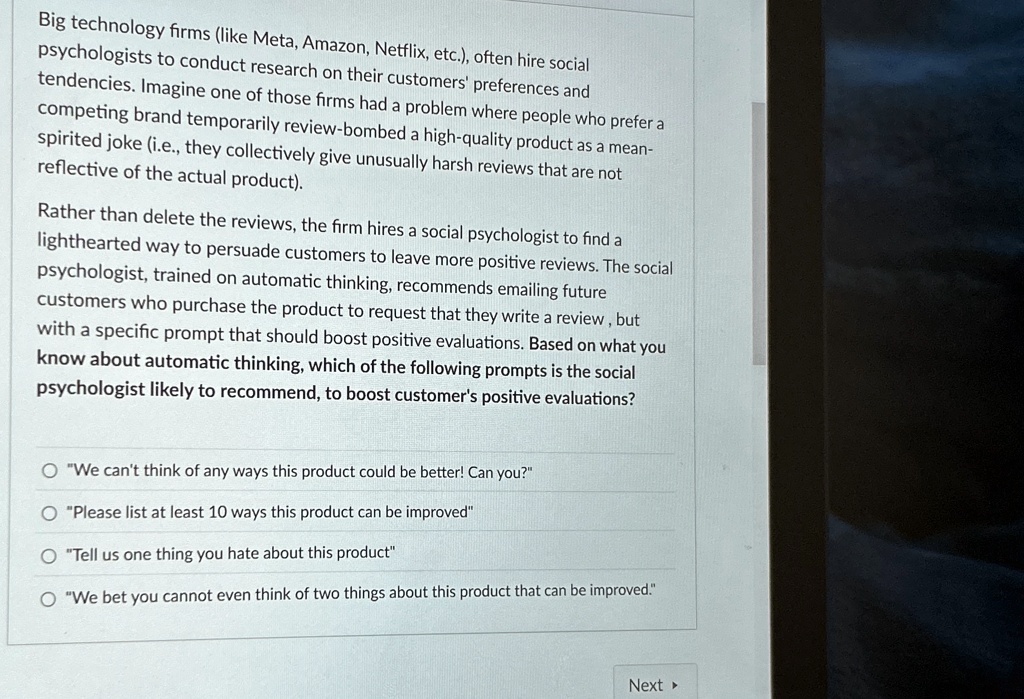big technology firms like meta amazon netflix etc often hire social psychologists to conduct research on their customers preferences and tendencies imagine one of those firms had a problem w 00508