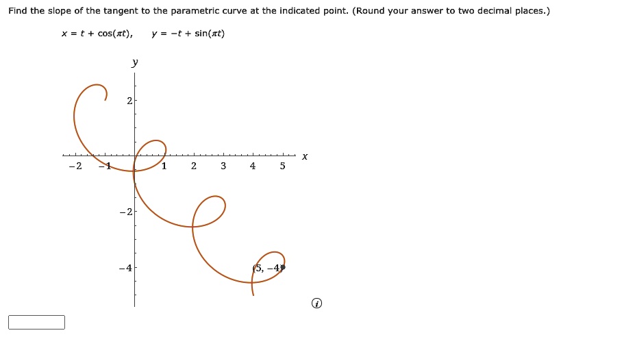 Find the slope of the tangent to the parametric curve at the indicated point. (Round your answer to two decimal places.)

x = t + cos(?t)
 y = -t + sin(?t)

Point: (5, -4)