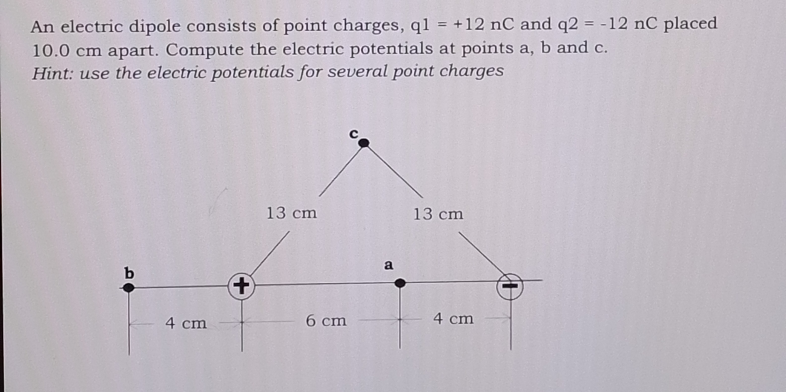SOLVED: An electric dipole consists of point charges, q 1=+12 nC and q ...