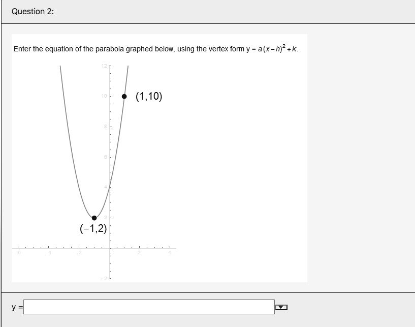 Solved Question 2 Enter The Equation Of The Parabola Graphed Below Using The Vertex Form Y A X H K 1 10 1 2
