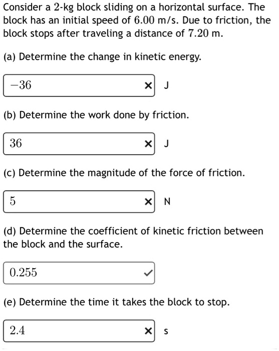 SOLVED Consider a 2kg block sliding on a horizontal surface. The block has an initial speed of