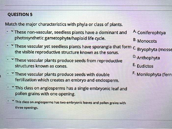 SOLVED QUESTION 5 Match the major characteristics with phyla or class