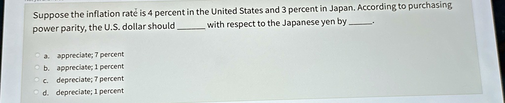 suppose the inflation rate is 4 percent in the united states and 3 percent in japan according to purchasing power parity the us dollar should  with respect to the japanese yen by  09687