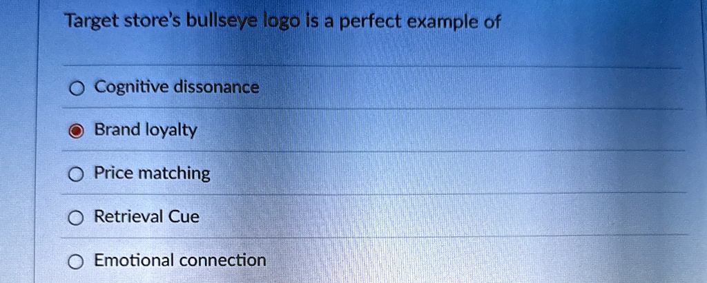 target stores bullseye logo is a perfect example of o cognitive dissonance o brand loyalty o price matching o retrieval cue o emotional connection 32395