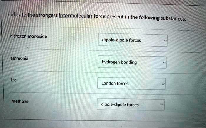 SOLVED: Indicate the strongest intermolecular force present in the ...