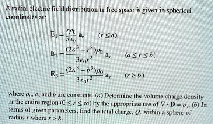 A radial electric field distribution in free space is given in ...