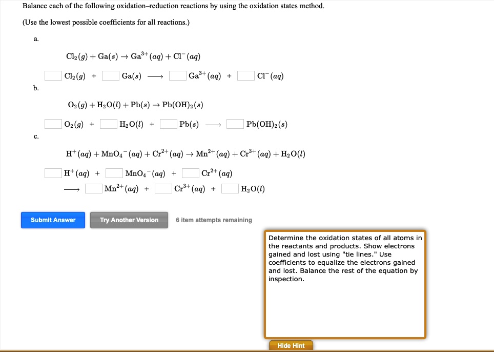 SOLVED:Balance each of the following oxidation-reduction reactions by ...