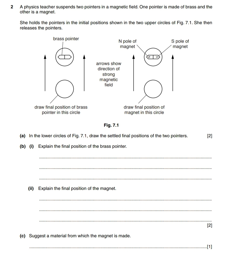 2 A physics teacher suspends two pointers in a field. One