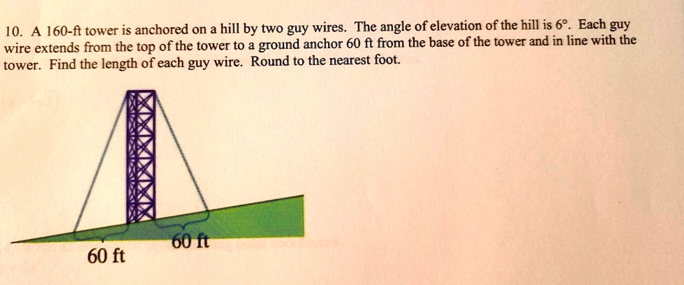 10. A 160-ft tower is anchored on a hill by two guy wires. The angle of elevation of the hill is 6°. Each guy
wire extends from the top of the tower to a ground anchor 60 ft from the base of the tower and in line with the
tower. Find the length of each guy wire. Round to the nearest foot.